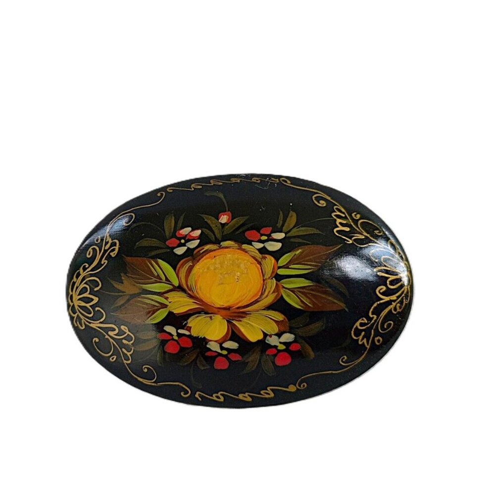 Vintage Brooch Folk Art Black Lacquer Hand Painted Floral